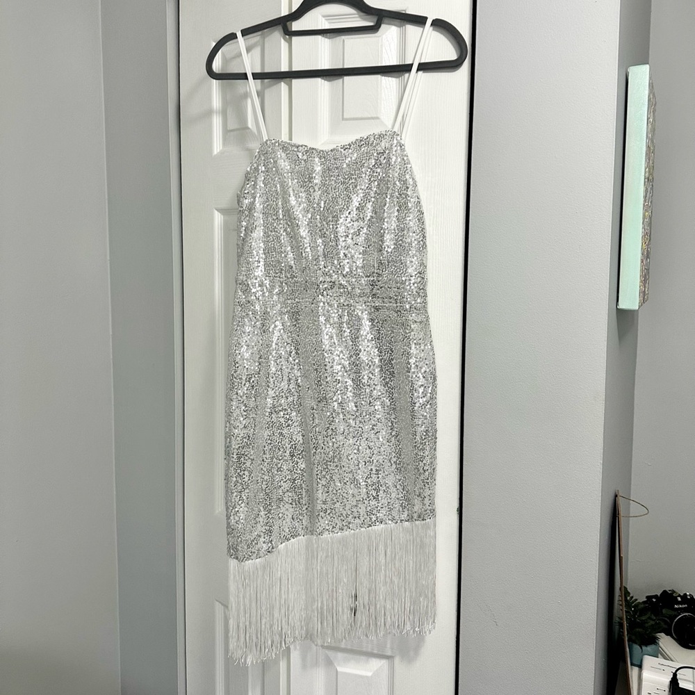 Assymetrical Fringe Silver Sequin Dress NWT